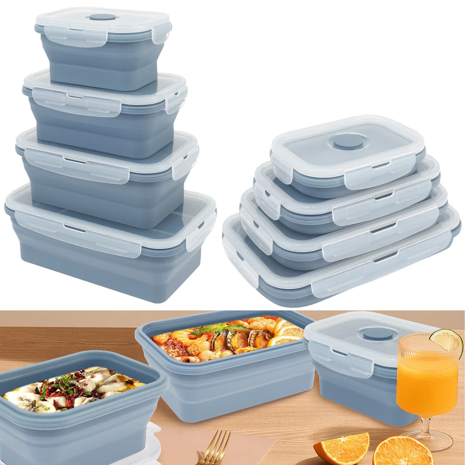 Contenitore per alimenti in silicone da 4 pezzi, resistente alla temperatura, contenitore per la preparazione dei pasti, contenitore per alimenti sicuro per microonde, pieghevole