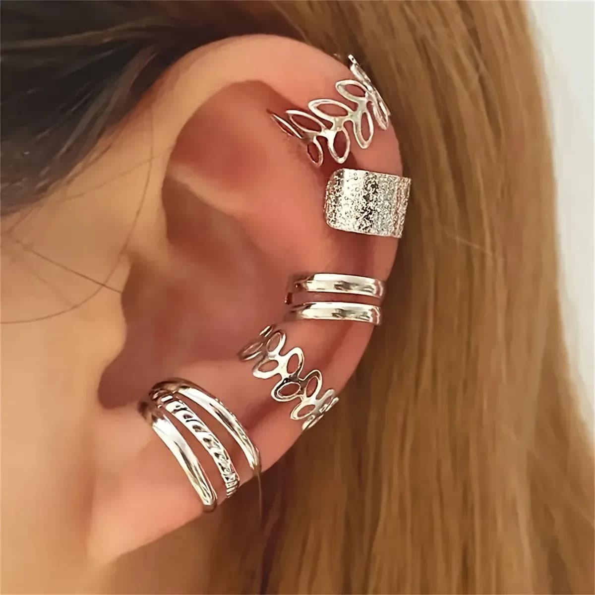 Set di 5 Orecchini a Clip Senza Piercing, Design Elegante e Alla Moda, Stile Classico, Regalo per Donne, Argento, Forma di Foglia Circolare