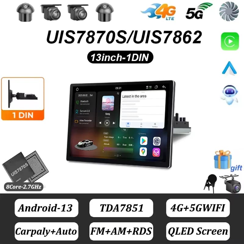 FYT7870 Autoradio 1Din Carplay Android Auto Lettore multimediale HD Touch screen da 13 pollici Ingresso FM AUX Bluetooth MirrorLink