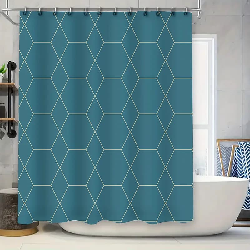 Tenda da doccia moderna impermeabile stampata esagonale realizzata in tessuto ecologico blu beige set per decorazioni da bagno perfetta G