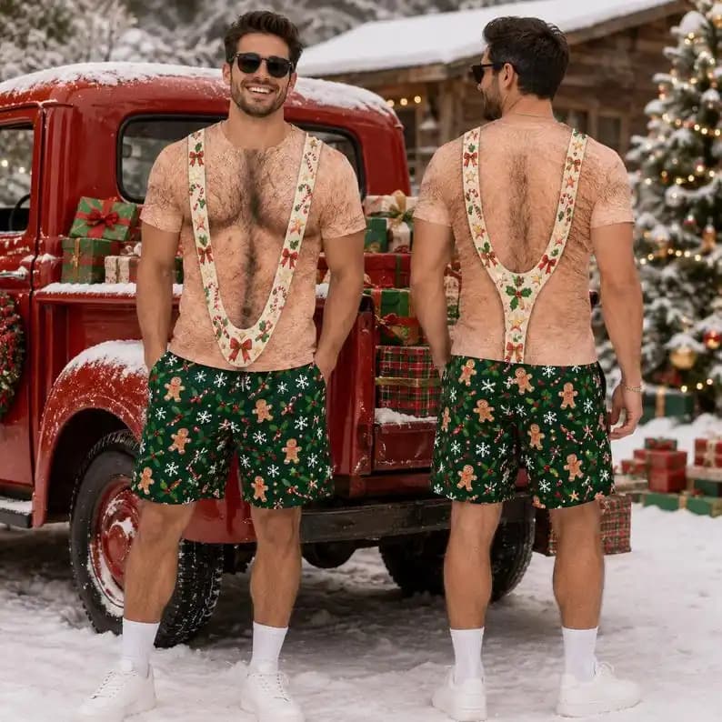 Fun Christmas Chest Hair Printed T-shirt 3D Men's Bikini Illusion T-shirt+Shorts Vacation Set Holiday Party