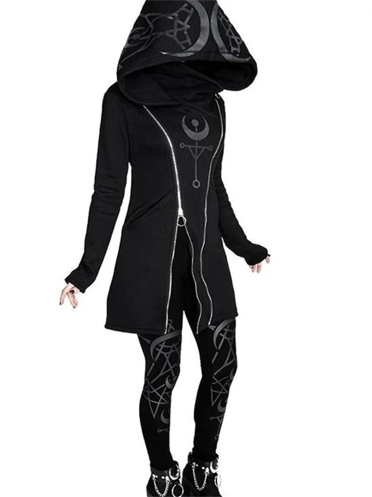 Top a maniche lunghe con stampa punk gotica Harajuku Retro con cappuccio doppia cerniera maglione lungo 2022 nuove magliette da donna autunno e inverno Emo