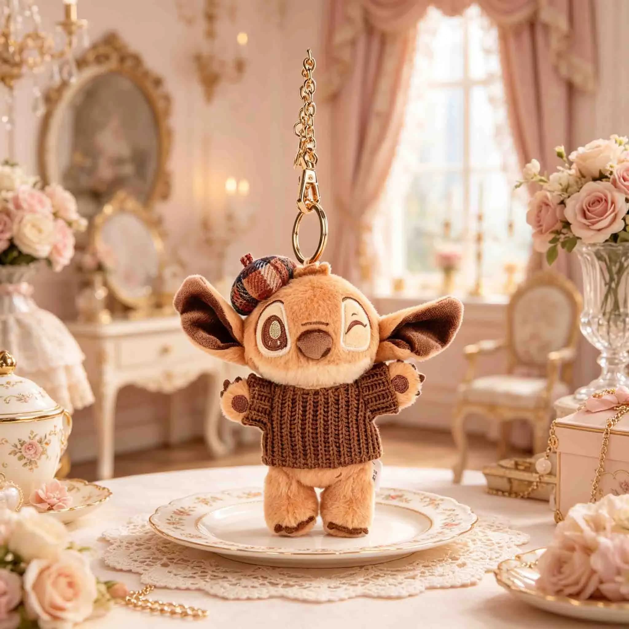 Portachiavi in peluche Disney Stitch con maglione marrone cioccolato, simpatico ciondolo per borsa per bambini e fan