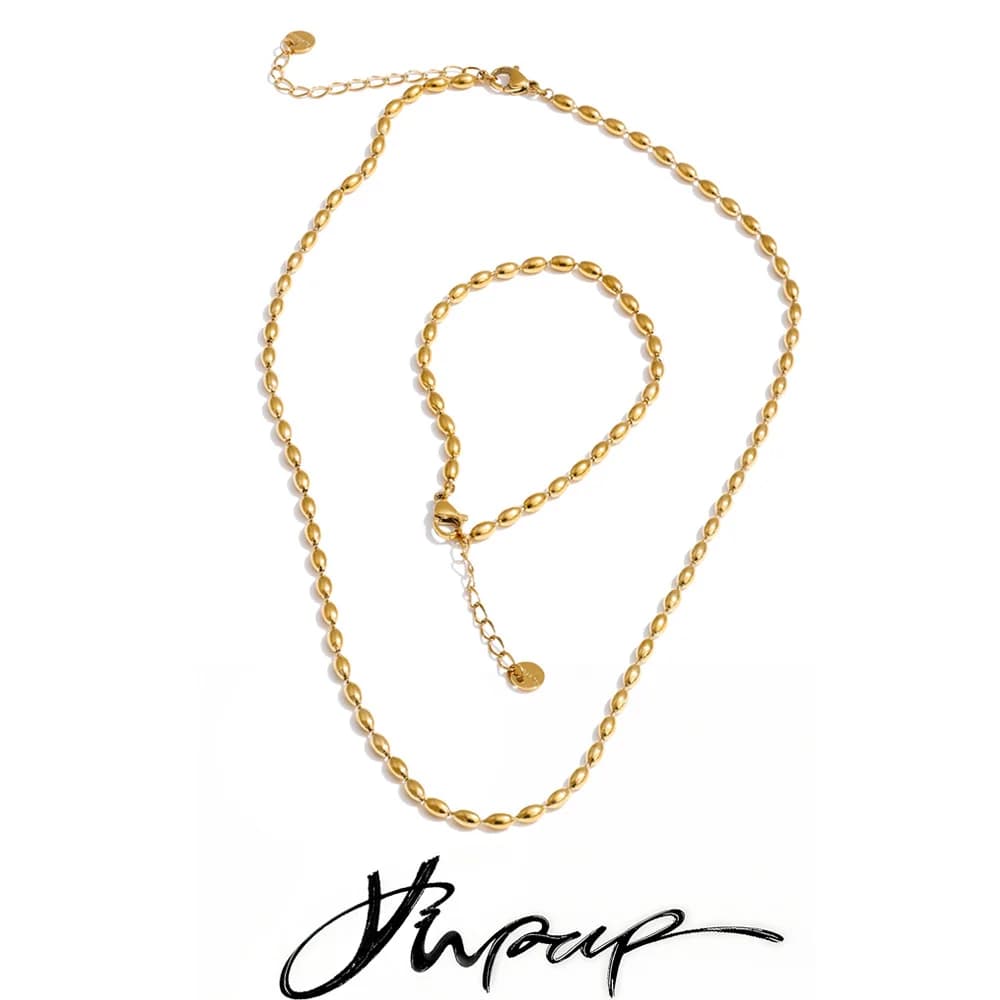 Yhpup Popolare Perline in Acciaio Inossidabile Catena Collana Basic Bracciale Bracciale Set 16K Oro Platino Colore PVD Placcato Gioielli di Moda