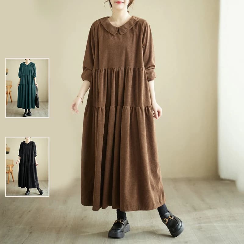 Artistic Patchwork Corduroy Long Dress with Button Back Closure And Doll Collar for plus Size Women Autumn Winter Fashion