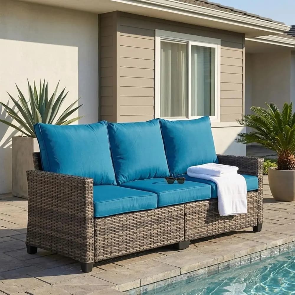 Divano da patio in vimini per tutte le stagioni a 3 posti con schienale ergonomico e 4 cuscini, blu pavone