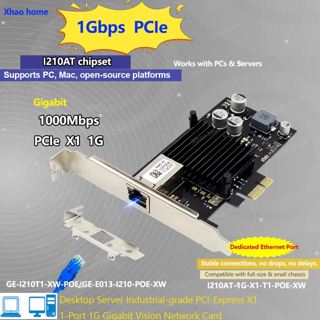 I210 PCI-E to POE Gigabit Ethernet Power on Ethernet for industrial cameras, image capture, desktop/server applications