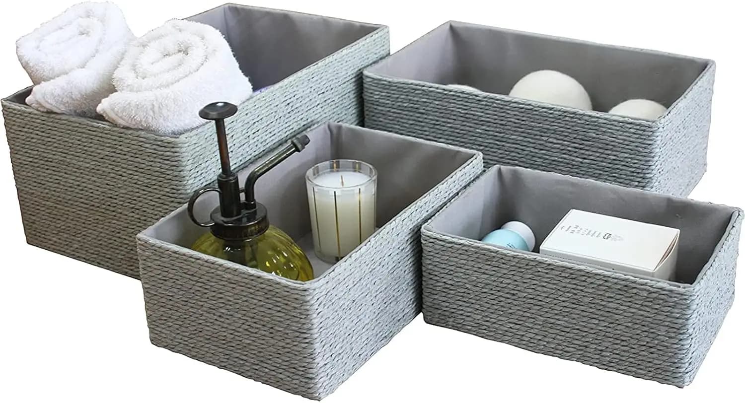 Set di 4 Cestini Impilabili in Corda di Carta Riciclata - Contenitori Ecologici per Organizzazione Domestica in Grigio