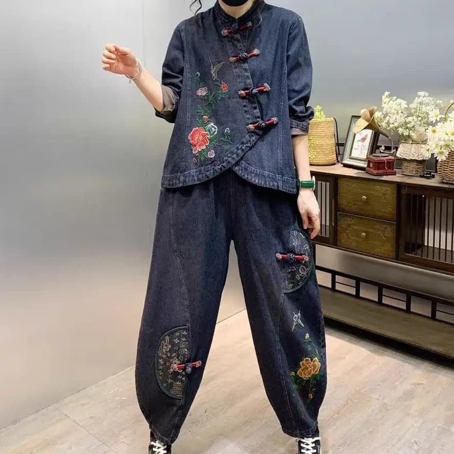 Set di moda in denim con fiori ricamati allentati con bottoni vintage Set di due pezzi da donna versatile Abbigliamento da donna di moda jeans suit3585