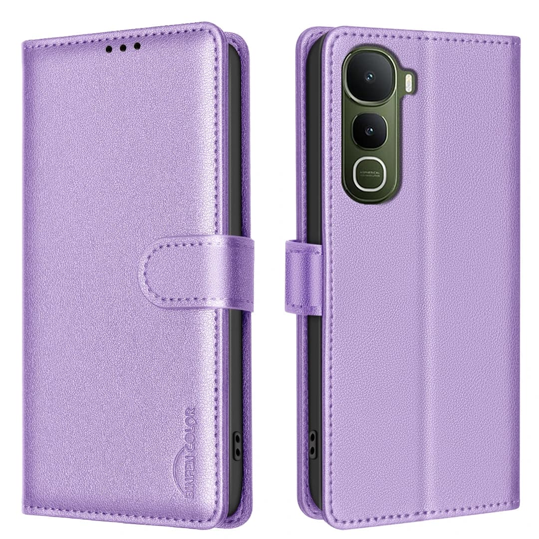 Per vivo Y400 5G Custodia in pelle BINFEN COLOR BF32 Portafoglio con blocco RFID Cover per telefono - Viola