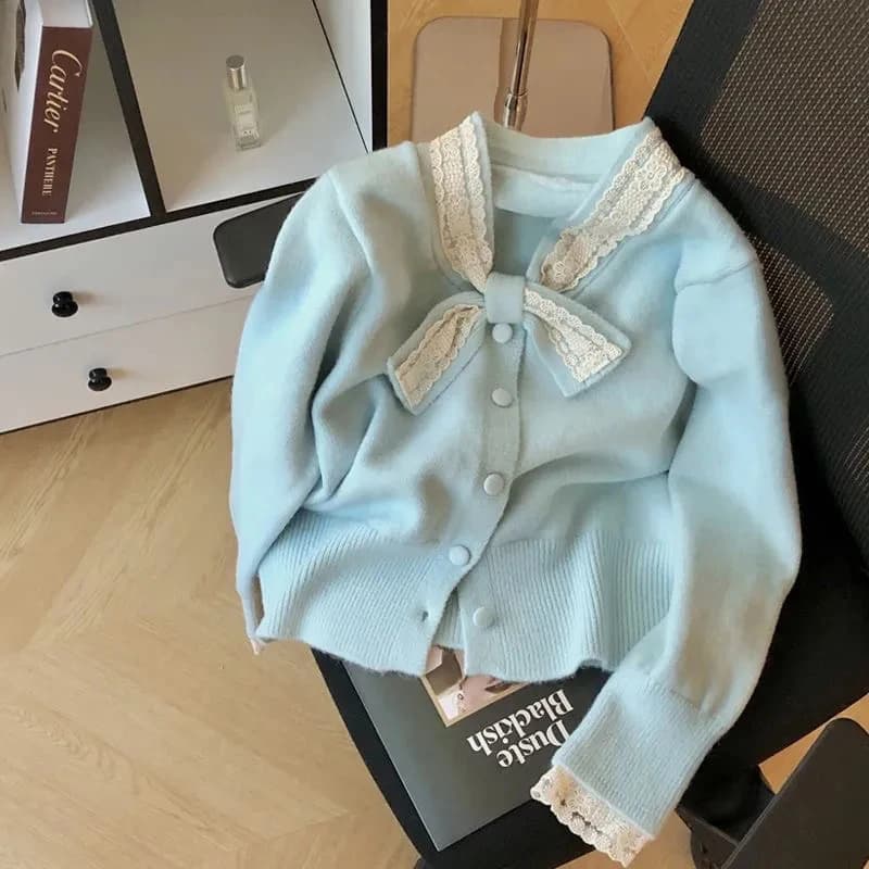 Cardigan lavorato a maglia con fiocco dolce da donna con bottoni patchwork in pizzo maglione delicato chic primavera autunno manica lunga femminile casual nuovo capispalla