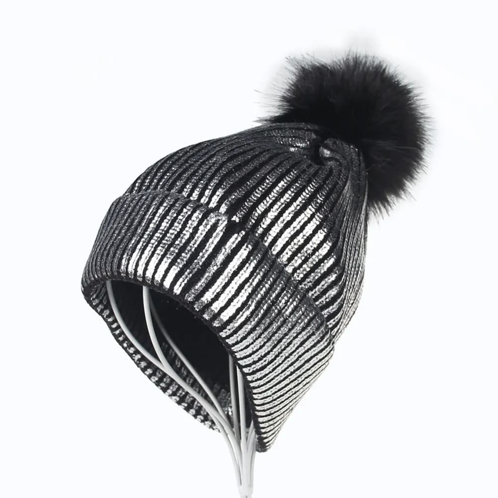 Berretto da Donna alla Moda con Pompon, Cappello Lavorato a Maglia Metallizzato Lucido, Caldo ed Elegante per Autunno e Inverno