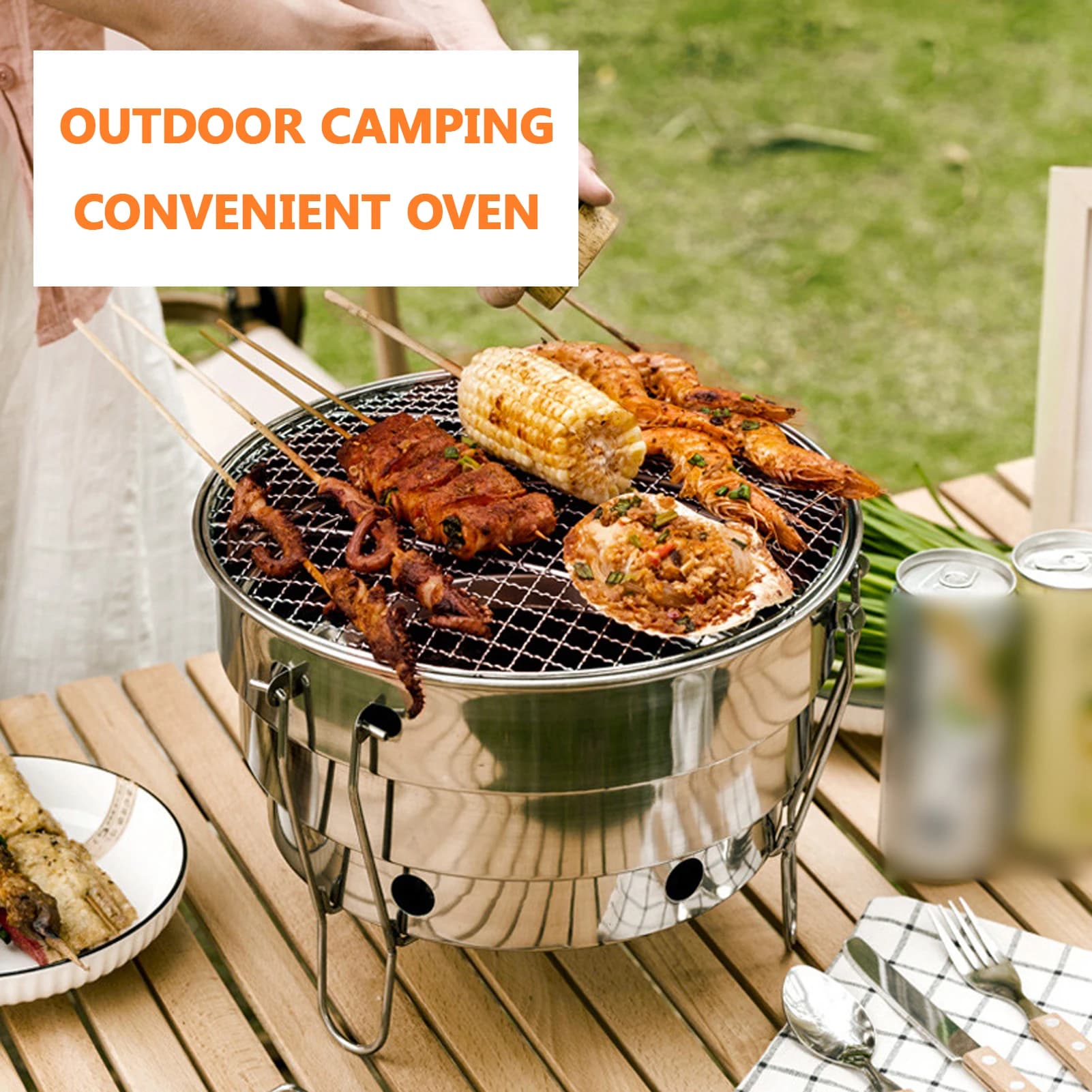 Griglia Barbecue Pieghevole Portatile a Carbone in Acciaio Inox per Campeggio, Cucina all'Aperto, Patio e Giardino