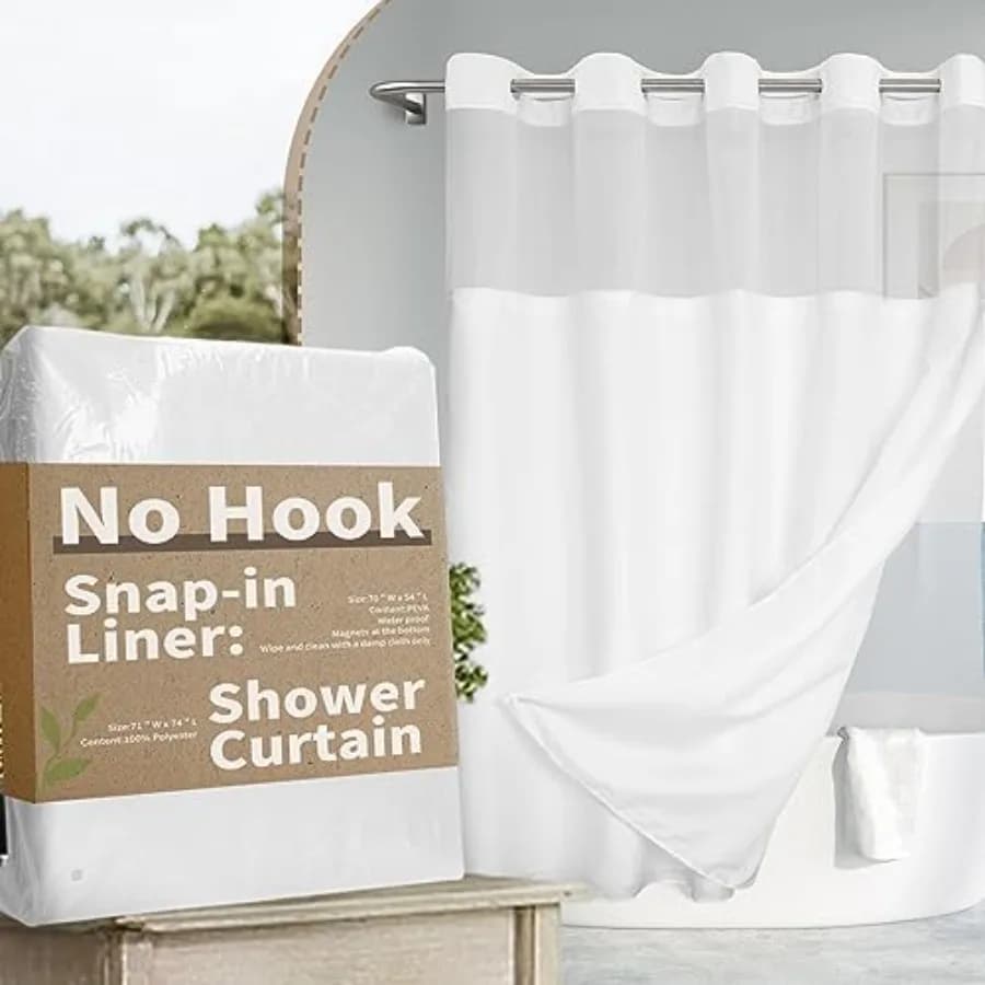 No Hook Slub Textured Shower Curtain with Snap-in PEVA Liner Set - 71 x 74 72,Hotel Style with See Through Top Window, Fabric O