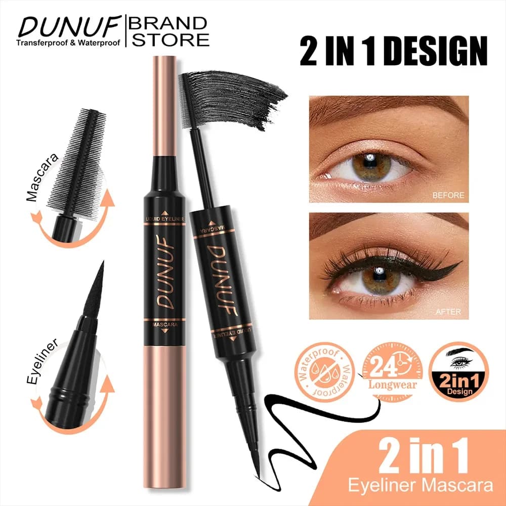 DUNUF Mascara e eyeliner 2 in 1 a lunga durata, impermeabile, resistente al sudore, a prova di sbavature, riccioli e volume lunghi