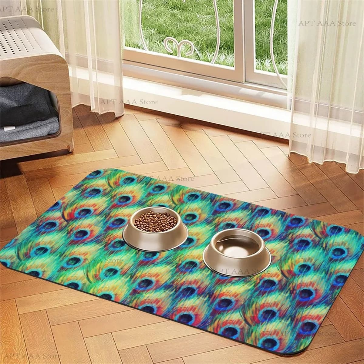 Abstract Peacock Pet Feeding Dog Cat Ciotola Tappetino per alimenti Tappetino per alimentazione antiscivolo per alimenti per animali domestici Vassoio per mangiatoia per cuccioli