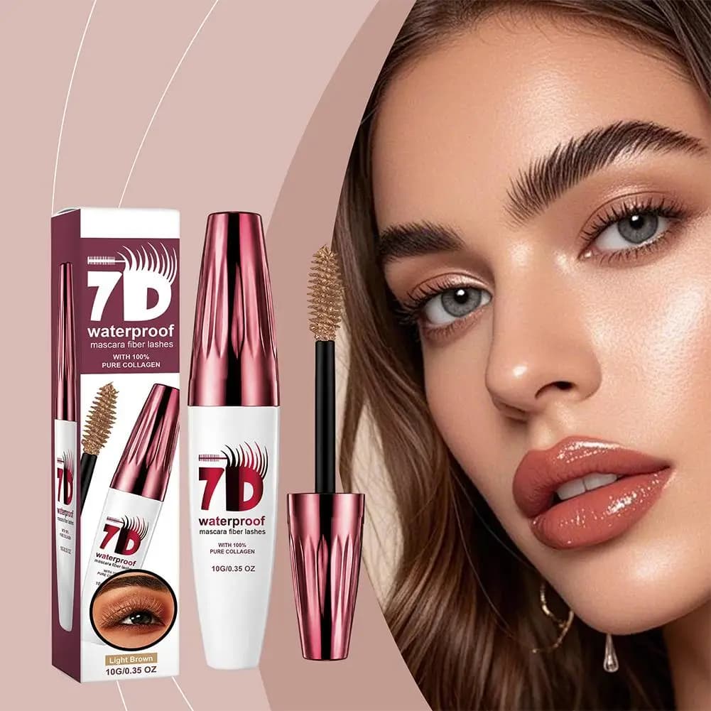Mascara Volumizzante 7D Impermeabile Marrone Chiaro Naturale 10g, Effetto Allungante e Incurvante, con Collagene e Fibre per Ciglia Voluminose