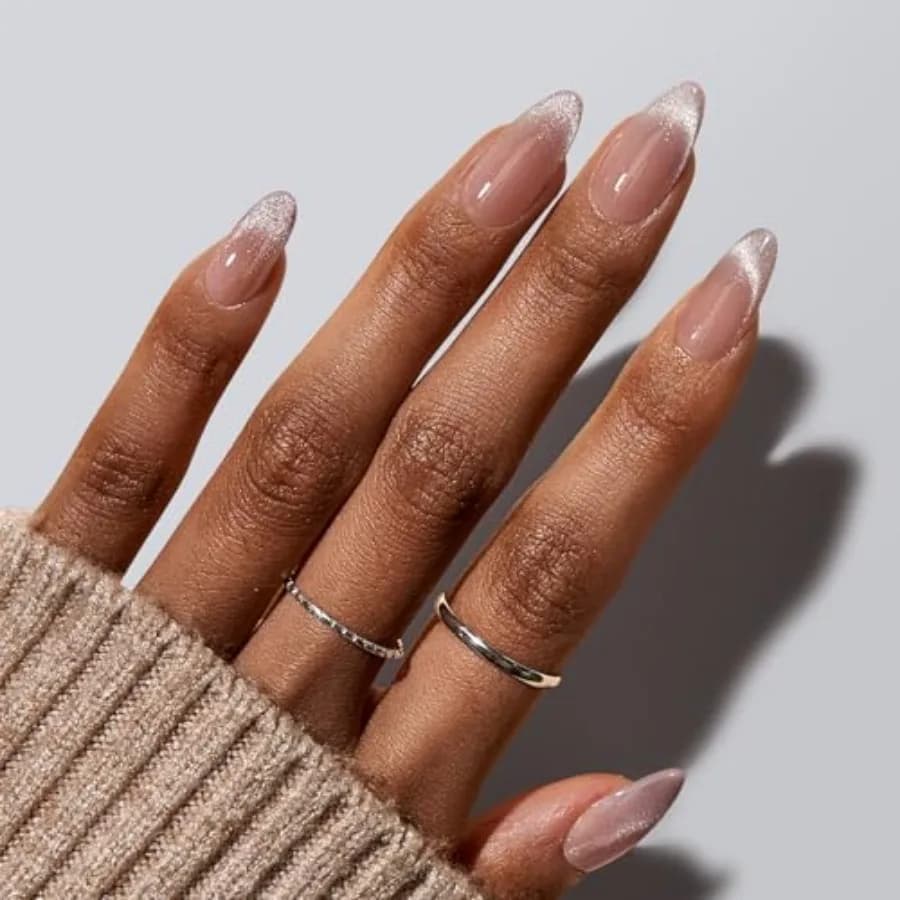 Press On Nails Almond - Medium Cat Eye French Tip Nails with Glue for Daily Nail Art, Fake Nail Extensions In 6 Sizes - 32 Nail