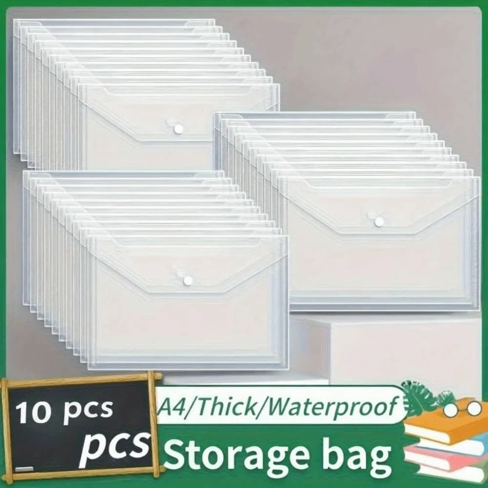10 Pcs Clear A4 File Folders Large Capacity Plastic Snap Button Closure File Folders Storage Bag Durable Document Bag