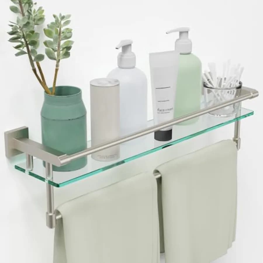 Mensola da bagno moderna da parete in vetro da 24 pollici con 1 ripiano, nichel spazzolato, 1 portasciugamani, portata massima 45 libbre
