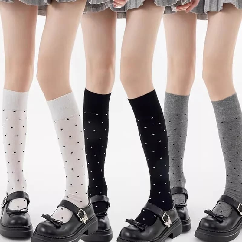 Calze estive da donna con pois, calze al ginocchio ultrasottili alla moda, sexy, in poliestere e cotone, calze con stampa a pois in stile Lolita giapponese JK