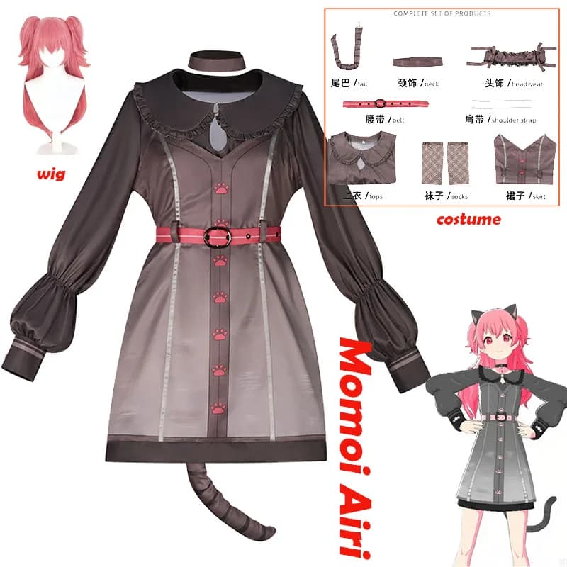 Nuovo Costume Cosplay a Tema Anime Gatto, Set Completo Momoi Airi con Parrucche, Gonna, Calze, Top e Accessori Carini per Donna, Ideale per il Gioco di Ruolo nelle Convention