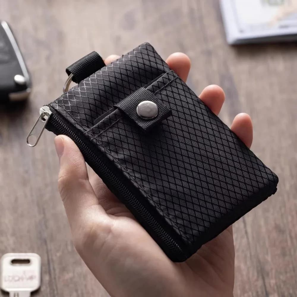 Portafoglio Multifunzione Impermeabile con Blocco RFID, Cordino Portachiavi, Design Sottile, Finestra per ID, Custodia con Cerniera, Pochette EDC per Viaggi