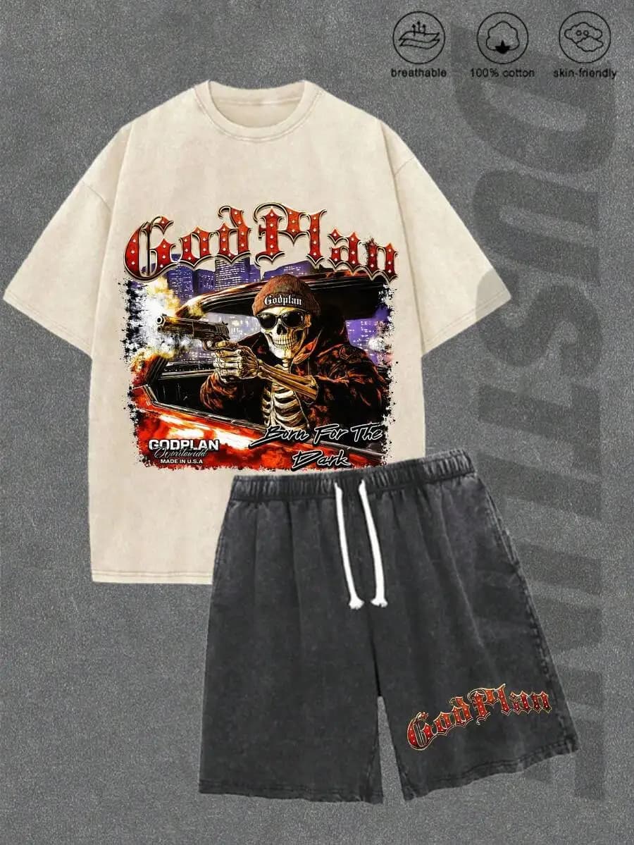 Men's Washed Vintage Crewneck Tee & Shorts Set. 100% Cotton, Godspeed Highway Car Print. Retro Faded. Summer Streetwear. Great