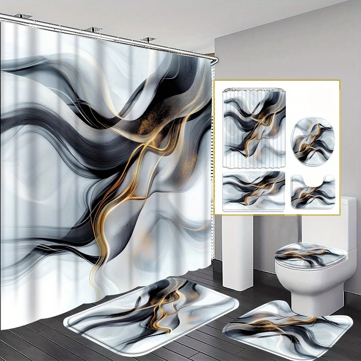 Set di tende da doccia moderne di lusso con motivo in marmo dorato da 4 pezzi, tende da bagno, tende da doccia decorative, tappetino da bagno