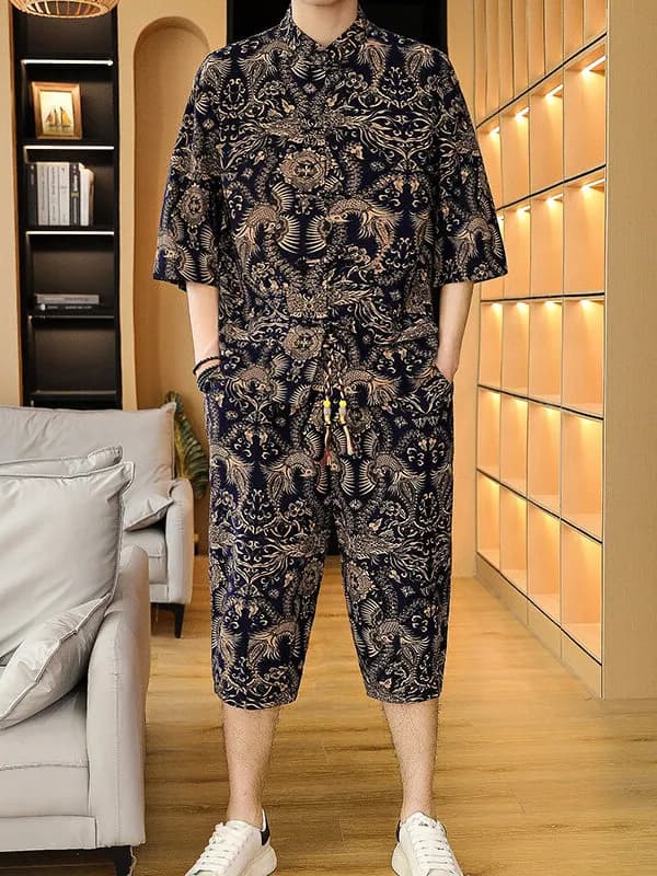 Completo Sportivo Estivo da Uomo in Misto Cotone: Maglietta a Maniche Corte e Pantaloncini da Sette Pollici, Sottile, Traspirante, Leggero