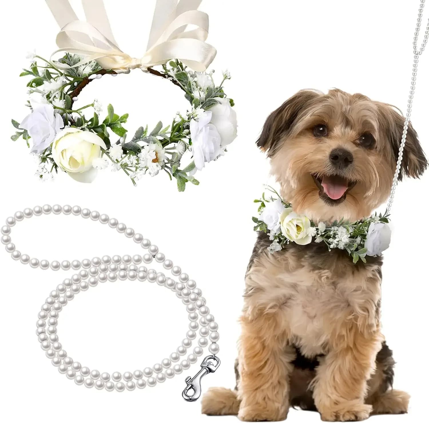 Set collare e guinzaglio per cani con fiori per cani 120 cm Guinzaglio per cani con perline di perle Collari per cani per abito da sposa Ghirlanda per foto di animali domestici