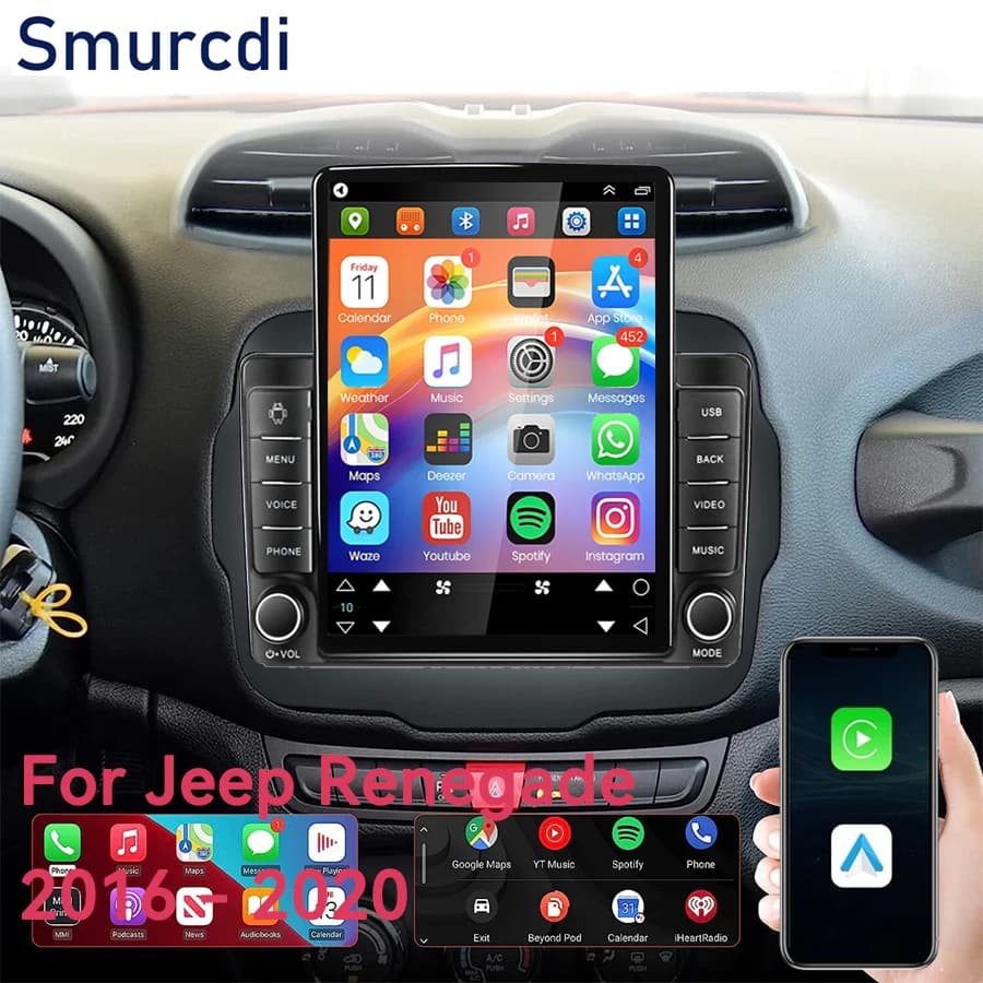 Autoradio Android 16 da 9,7 Pollici con CarPlay per Jeep Renegade 2016 - 2020, Radio Multimediale per Auto con Schermo Verticale e Navigazione