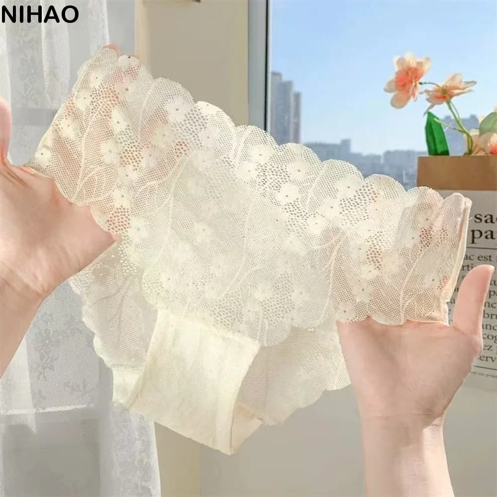 Cotton Crotch Seamless Lace Flower Panties Soft Mid Waist Underwear for Women Thin Transparent Mesh Lace Briefs Girl