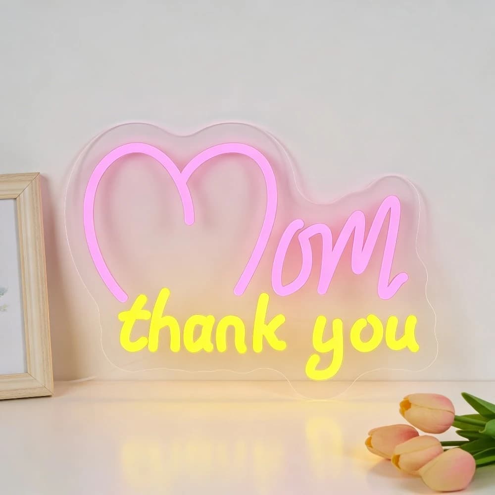 Insegna LED Neon 'Mamma Grazie' a Forma di Cuore Rosa e Giallo, Regalo per la Festa della Mamma, Decorazione Casa, Illuminazione Romantica, Atmosfera Calda, Arte da Parete