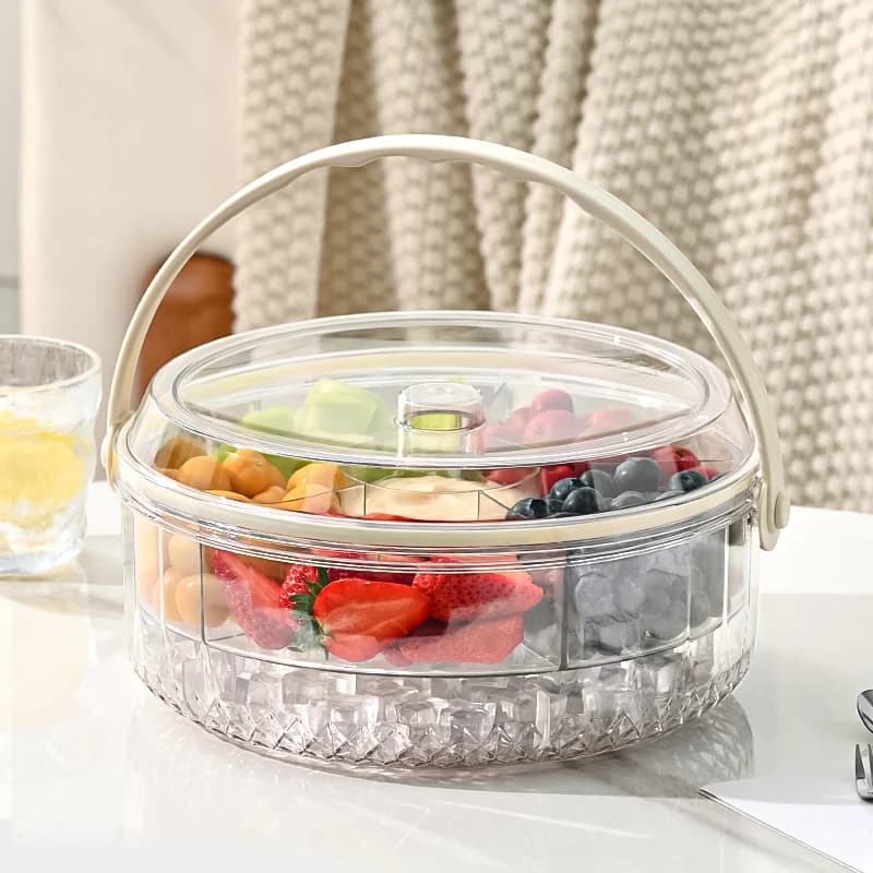 Scatola di Conservazione Rotonda Trasparente in Plastica per Snack di Frutta Secca e Noci, Grado Alimentare, Portatile, Speciale Piatto per Frutta