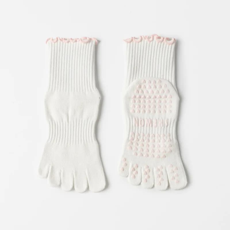 Calzini Pilates a cinque dita da donna in cotone con bordo a balze e grip in silicone antiscivolo, calzini da yoga a dita intere