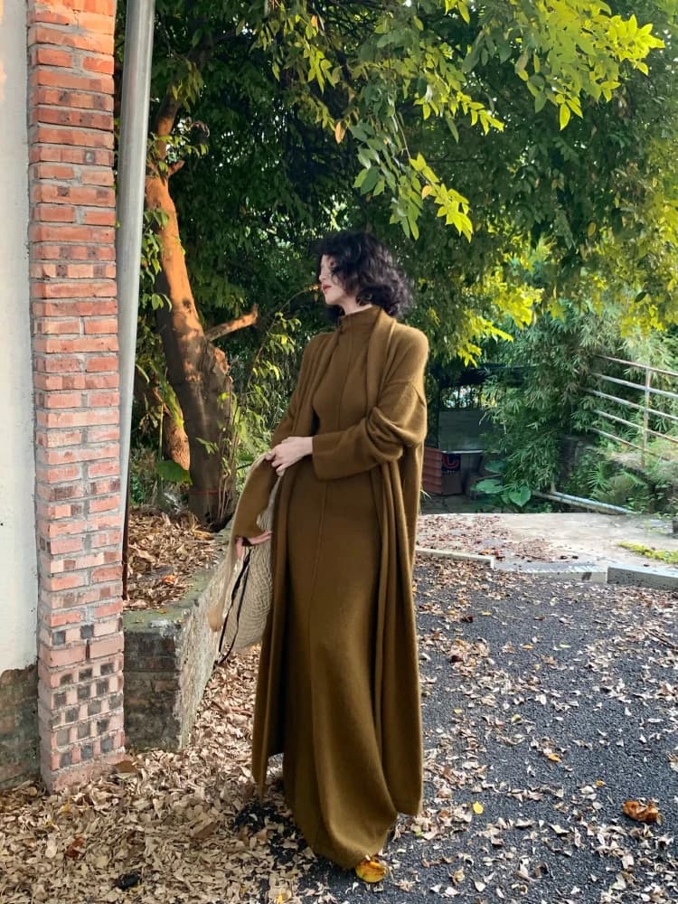 Long Bear Fur Woolen Bathrobe Style Coat Spring 2024 Vintage Hong Kong Style JiuWu Women's Outerwear Long Sleeve No Collar