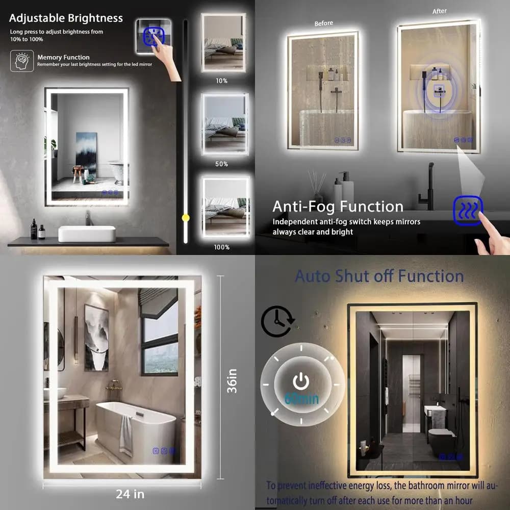 Specchio da Bagno a LED 36x24 Pollici con Illuminazione Graduale Dimmerabile, Temperatura Colore Regolabile, Antiappannamento e Infrangibile