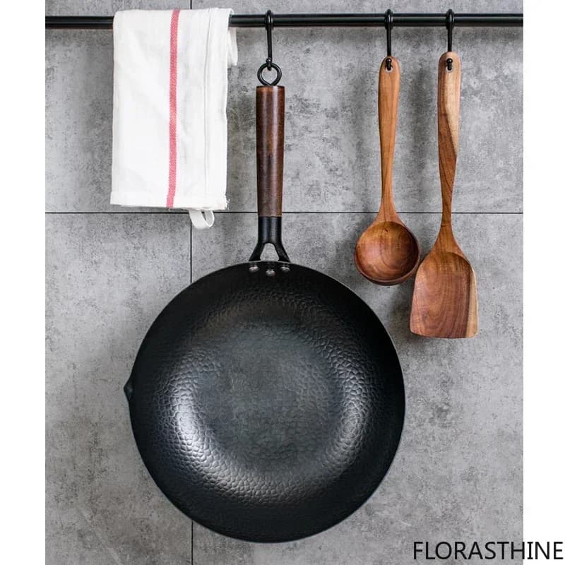 Carbon Steel Wok Pan 32cm Stir Fry Wok Set with Wooden Lid Non-stick Bottom Flat Frying Pan for Electric Induction and Gas Stove