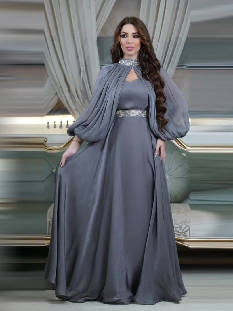 Abito da sera scintillante con paillettes, gonna lunga a vita alta con cintura, set due pezzi alla moda da donna, colore blu intenso