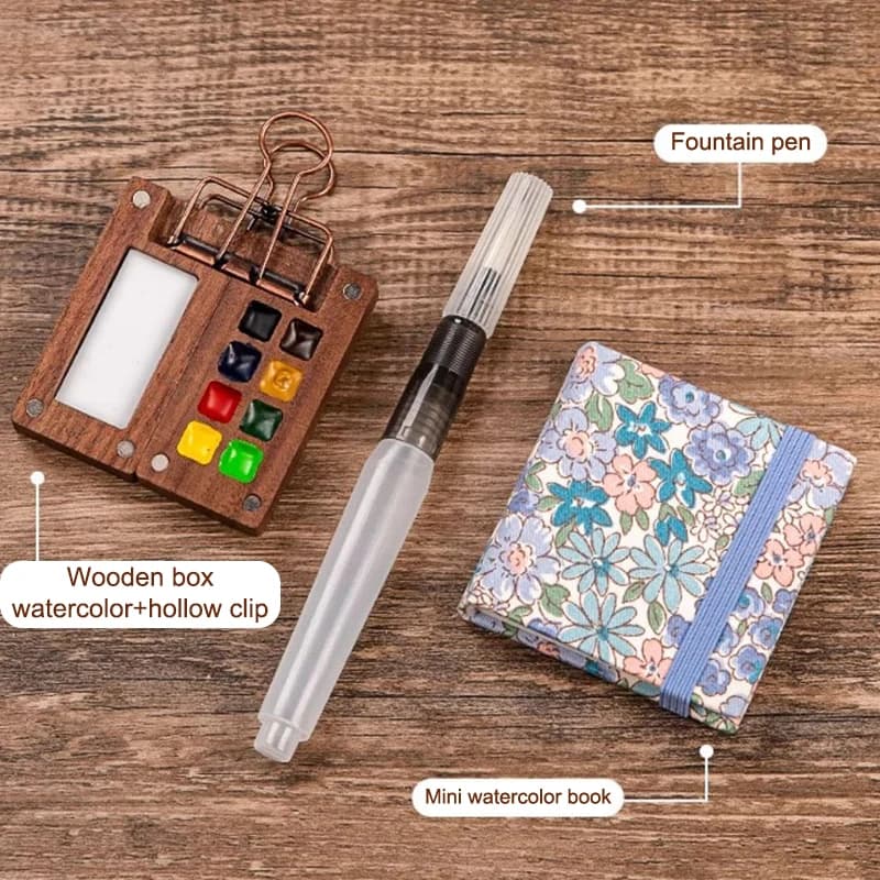 Mini Portable Walnut Wood Watercolor Palette with Clip Travel Paint Box Art Supplies Sketchbook Paint Tray for Painting