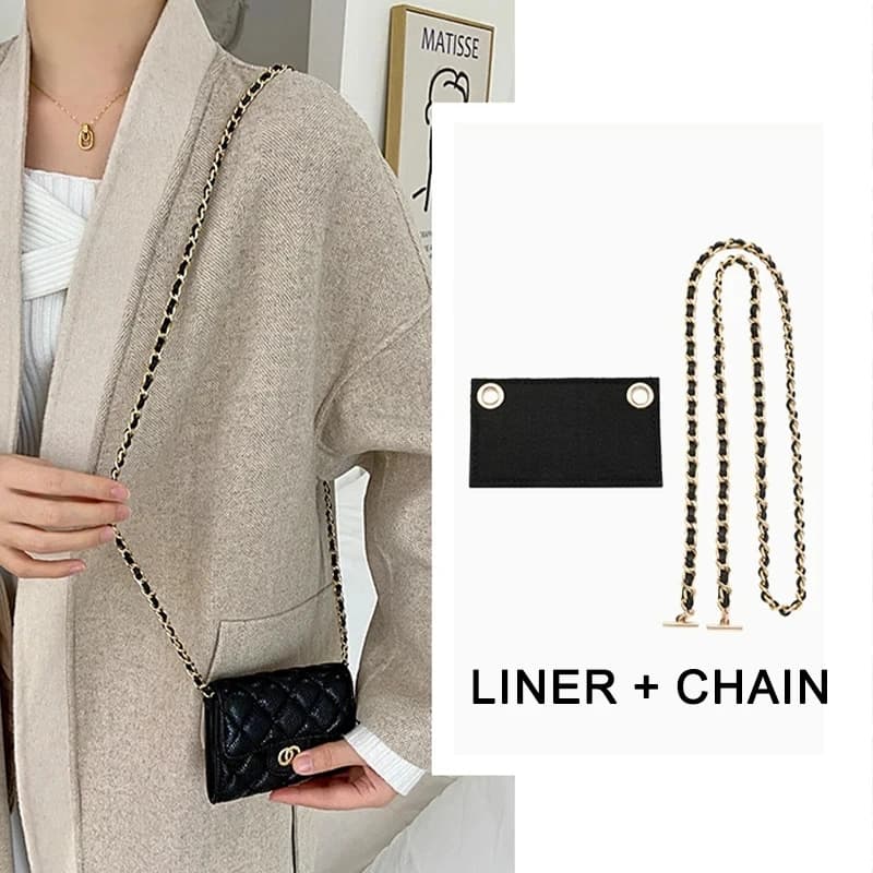 Punch Free CF Classic Flap Cardholder Transformation Kit Felt Liner Organizer + Chain Strap (No Hole Needed)