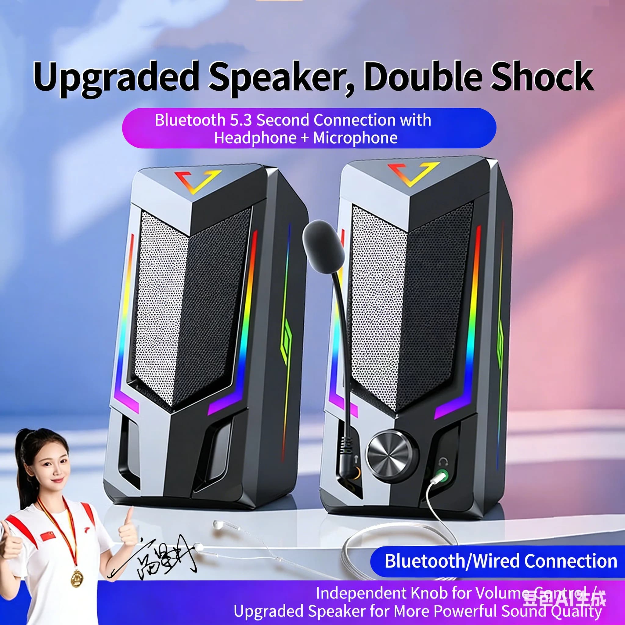 Altoparlanti da gioco RGB da tavolo Bluetooth 5.3, suono surround HiFi a 2.0 canali, USB Type-C Plug & Play per giochi/intrattenimento su PC