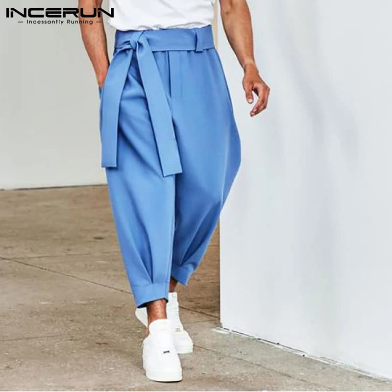 INCERUN Men Pants Solid Color Joggers 2024 Baggy Pockets Fashion Casual Trousers Men Streetwear Leisure Pantalon With Belt S-5XL