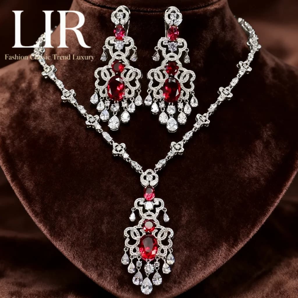 LIR Set di gioielli personalizzati da donna: collana con gemme a goccia a nido d'ape rosa tinto di vino Orecchini con zirconi a forma di fiore a goccia imperiale