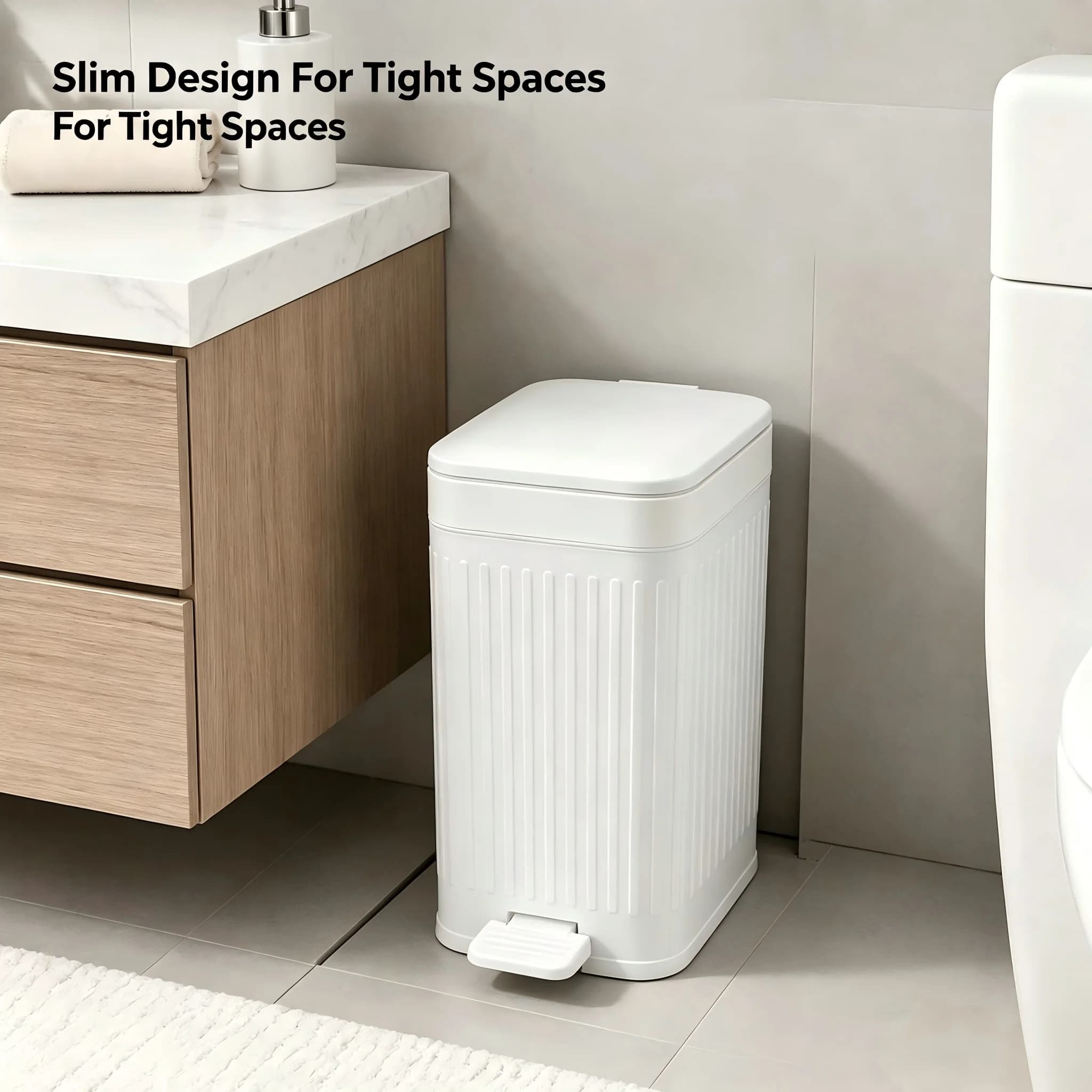 Modern Vertical Striped Pedal Trash Can, Foot‑Operated Plastic Waste Bin With Soft‑Close Lid, Odor‑Proof Rectangular Garbage Container, Black & White Optional for Bathroom, Kitchen, Bedroom