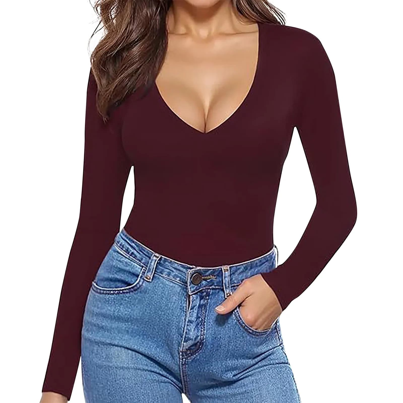 T-shirt slim fit da donna T-shirt casual alla moda con scollo a V profondo a maniche lunghe tinta unita Top Camicie inferiori basic quotidiane