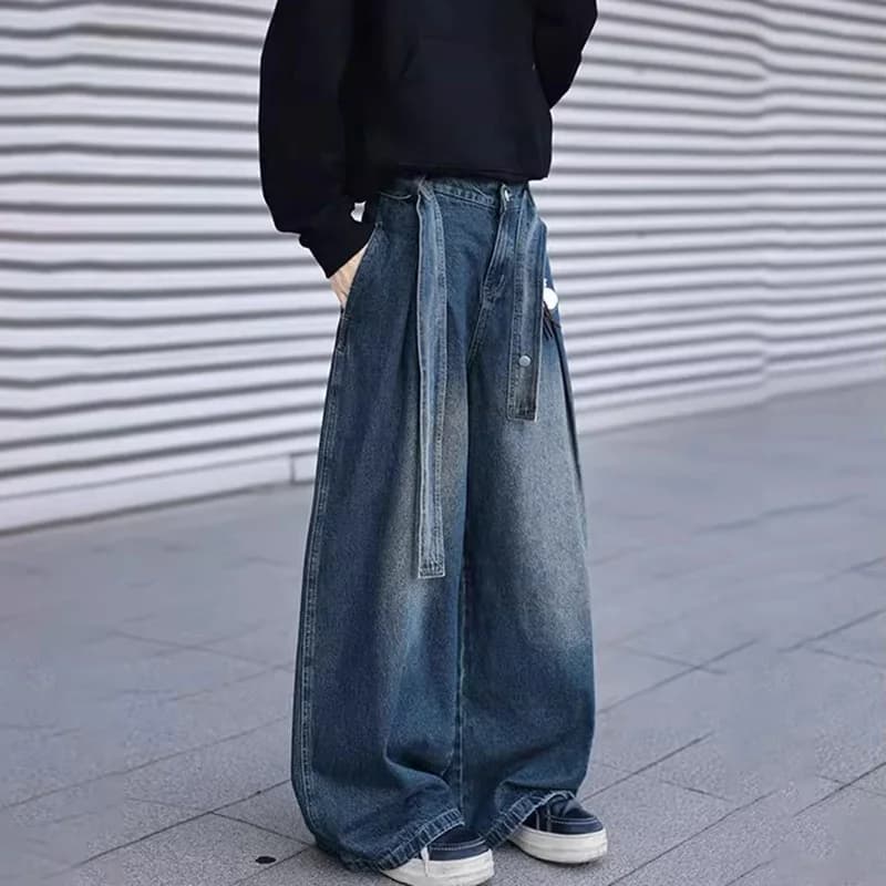 Men's Style Korean Jeans with Belt, Casual, Blue Retro, Straight Leg, High Street Wide Pants