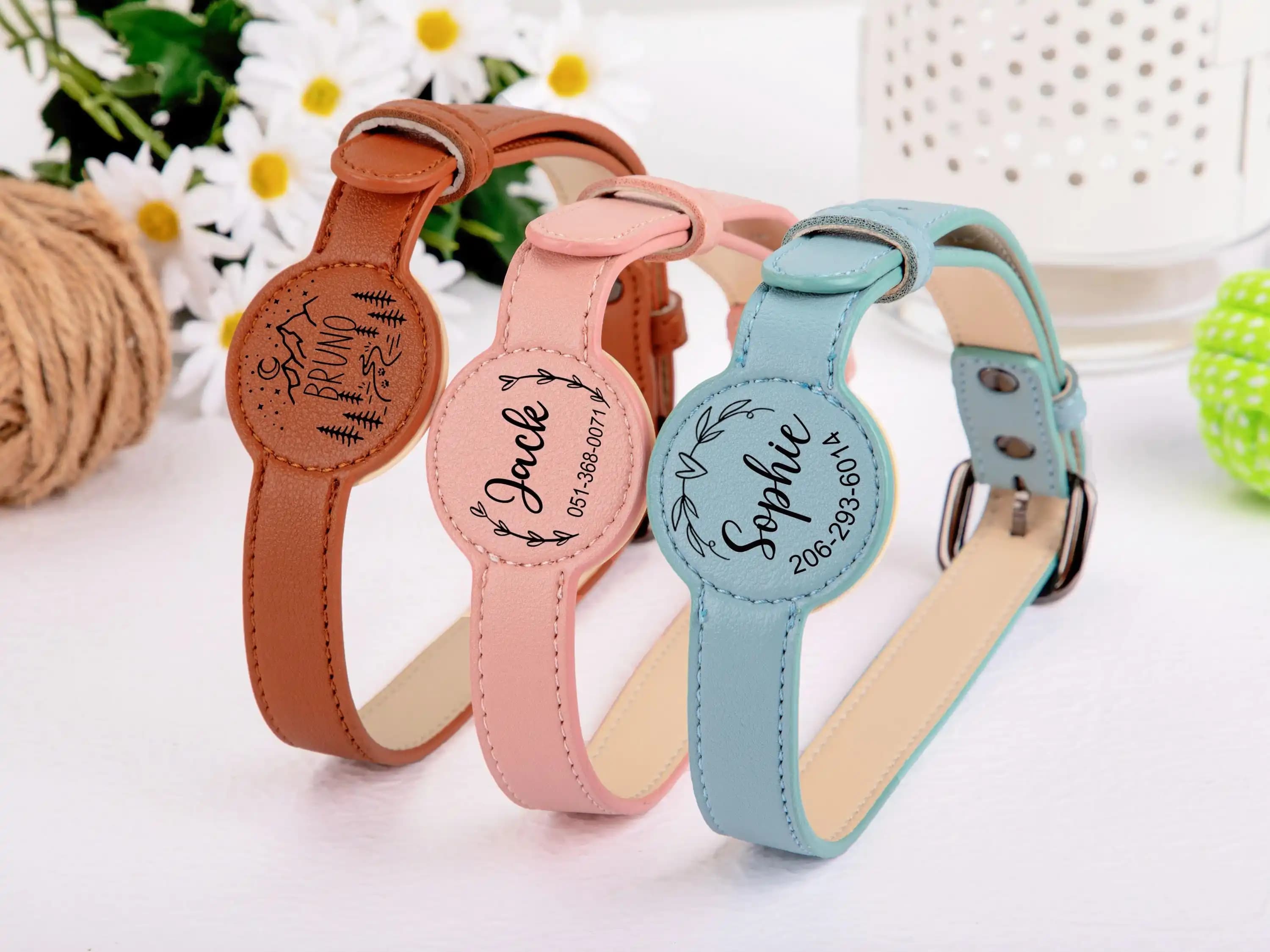 Custom engraved pet ID collar with name and contact info, PU leather AirTag dog collar, anti-loss location tracking cat collar