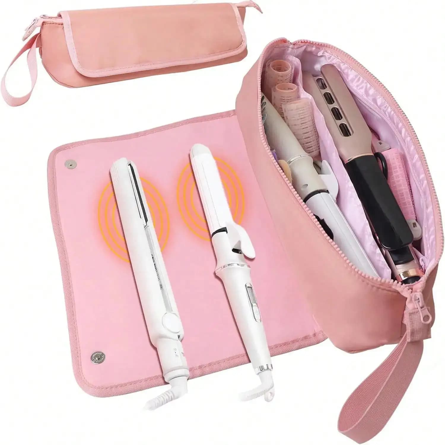 Borsa da viaggio per strumenti per la cura dei capelli, borsa da viaggio e tappetino resistente al calore, ferro arricciacapelli e borsa portaoggetti per accessori per la cura dei capelli, custodia per l'organizzazione dei viaggi, custodia per oggetti essenziali da viaggio